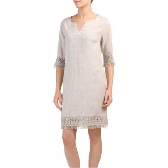 Alessia Pacino tan 100% Linen crochet shift dress Sz M - Picture 1 of 10